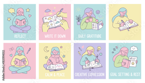 Selfcare journaling routine reflection gratitude peace and goal setting Pastel vector illustration set