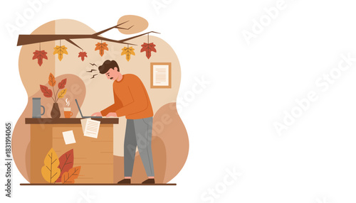 Frustrated man working under pressure at a warm autumn desk Remote work stress and workload overload