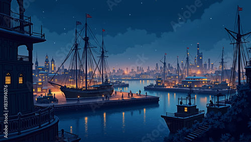 Bustling Anime Winter Port City at Dusk Vector Background