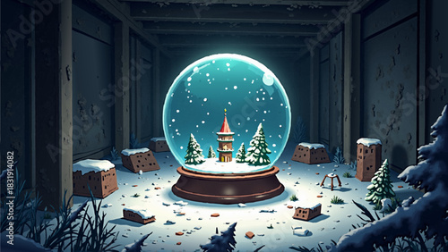 Eerie Abandoned Snow Globe Factory Vector Background