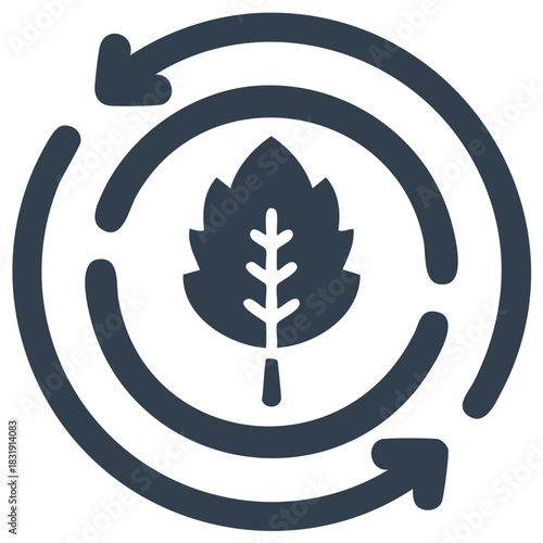 Circular arrows with leaf icon symbolizing environmental recycling, sustainability, and renewal