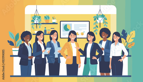 Diverse group of smiling businesswomen standing in a modern office symbolizing teamwork and success