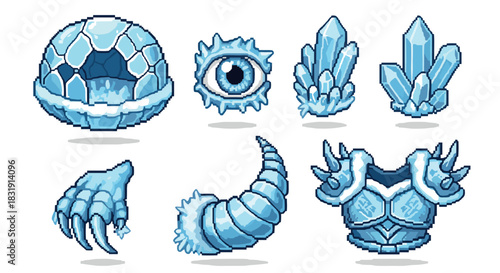 Set of fantasy ice pixel art game assets including armor, crystals, an eye, a claw, and a horn for a retro RPG, with a subtle shadow