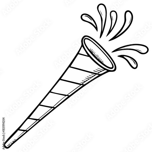 Hand-drawn black and white party horn with celebratory confetti bursting out
