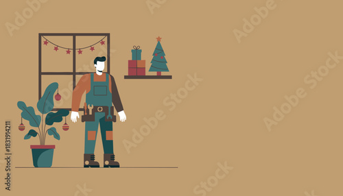 Repairman in overalls stands by Christmas decorations gifts and potted plant