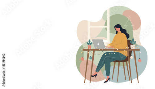 Remote work during the holidays Woman works on a laptop at a festive decorated home desk