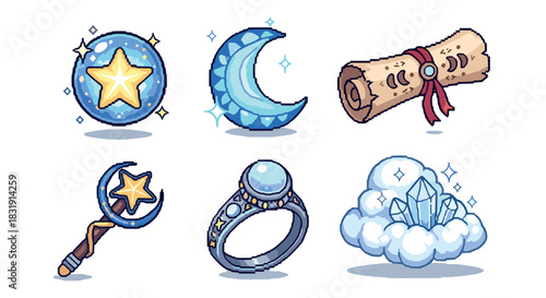 Set of magical fantasy pixel art icons featuring a star orb, crescent moon, ancient scroll, wizard wand, gem ring, and cloud crystals isolated on white