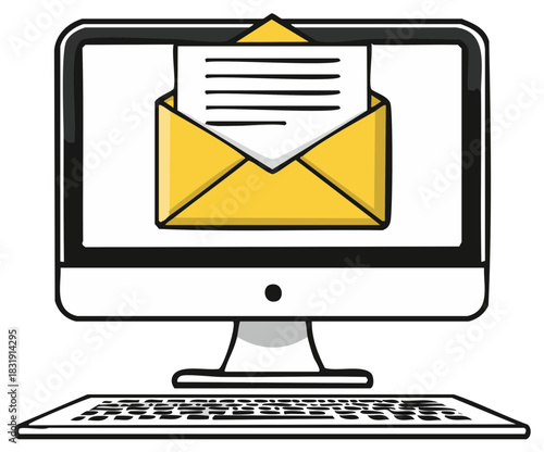 Email notification icon on a desktop computer display with keyboard