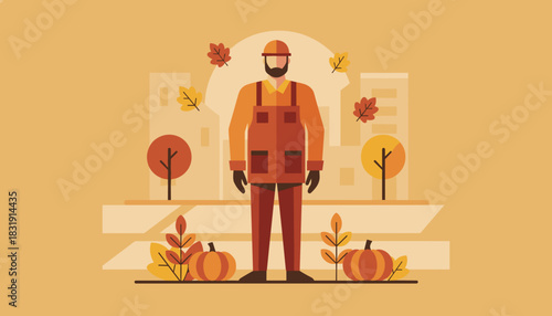 Fall maintenance worker illustration in an urban park surrounded by pumpkins and leaves