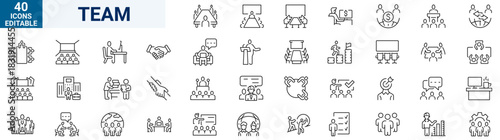 Team Web Icon Set in Line Style. Collection of Teamwork Linear Icons, Including team building, workshop, human resources, business people, group, team, organization, community. Editable Stroke