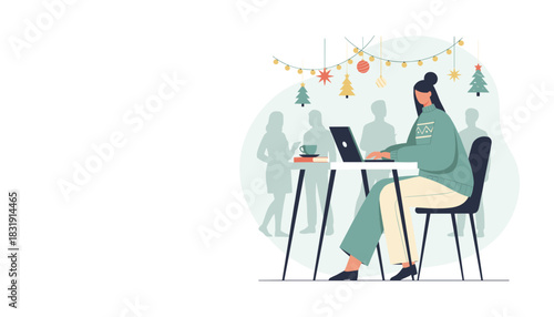 Remote worker using laptop in a cozy decorated office during the Christmas holiday season