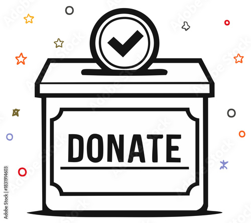 Donation box with a checkmark coin icon for charity and fundraising vector illustration