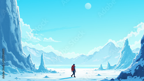 Anime Vector Art: Lone Adventurer in Frozen Tundra Landscape