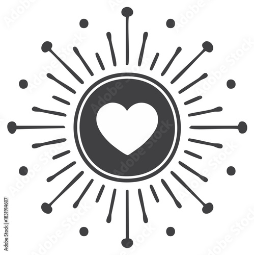 Heart shape in a radiant circle with sunburst rays and dots