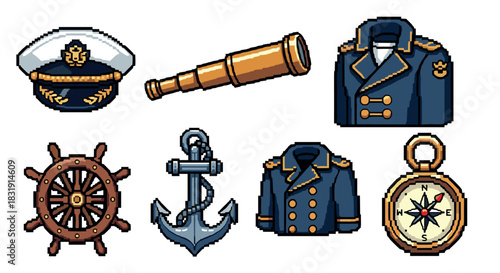 Pixel art sea captain nautical icon set with a hat, uniform, anchor, compass, ship's wheel, and telescope in a retro 8-bit video game style