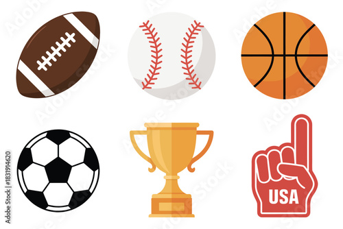 Set of Sports Equipment Icons Featuring Football, Baseball, Basketball and Soccer Balls with Trophy Cup and Foam Finger Elements Designed as Clean Vector Graphics for Team Branding Resources
