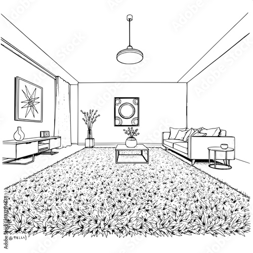 Precise black-ink style sketch of a modern open living room with a large shaggy rug featuring intricate detailed textures and fibers, sleek furniture forms including a low-profile sofa and a minimalis
