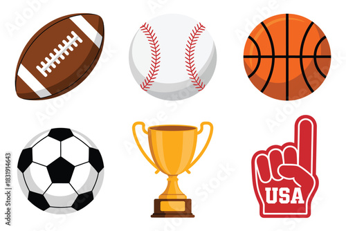Set of Sports Equipment Icons Featuring Football, Baseball, Basketball and Soccer Balls with Trophy Cup and Foam Finger Elements Designed as Clean Vector Graphics for Team Branding Resources