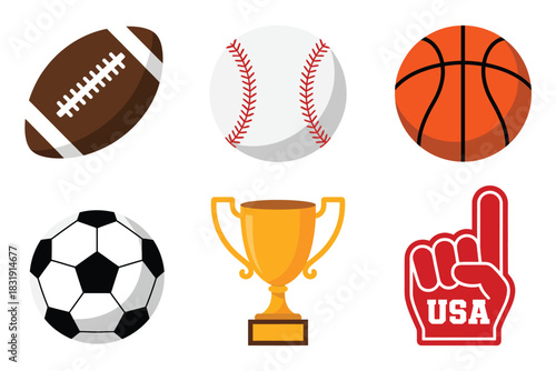 Set of Sports Equipment Icons Featuring Football, Baseball, Basketball and Soccer Balls with Trophy Cup and Foam Finger Elements Designed as Clean Vector Graphics for Team Branding Resources