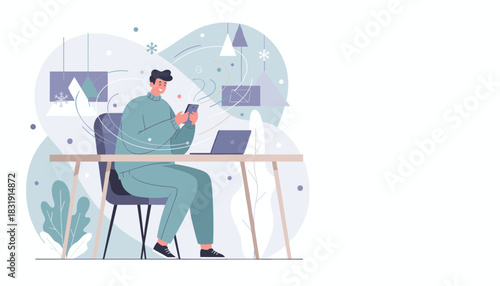 Happy man browsing phone at home desk Remote work technology winter connection