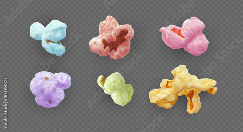 Realistic air-popped popcorn of various colors, sweet corn kernels with different flavors.