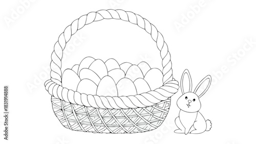 A charming black and white line drawing of a woven easter basket overflowing with eggs accompanied by a cute friendly bunny sitting beside it perfect for holiday designs and coloring pages