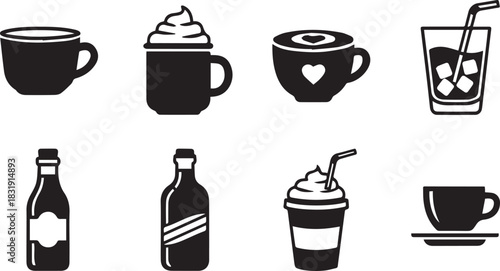 Assortment of beverage and drink icons Keywords: coffee cup, mug, whipped cream, hot drink