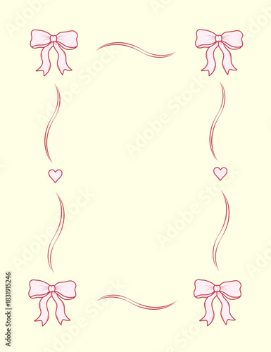 Coquette frame with a pink bow and a ribbon border. Vintage decorative ornament. Vector illustration for greeting cards.