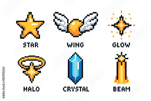 Set of six colorful pixel art game icons including a star, wing, crystal, and halo for a retro 8-bit user interface, for easy use
