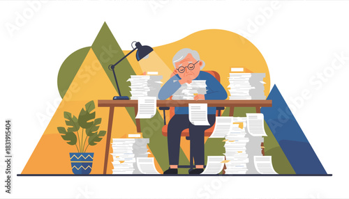 Tired senior worker drowning in huge stacks of office paperwork and bureaucracy Overworked concept