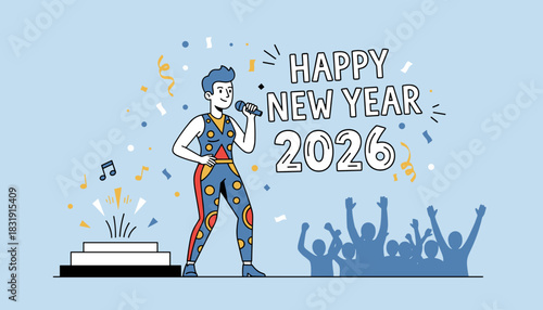 Happy New Year 2026 celebration illustration with performer music and party confetti