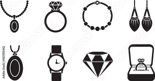 Eight black silhouette jewelry icons necklace ring