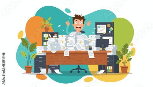 Businessman drowning in piles of paperwork stress deadline and overwhelming workload concept