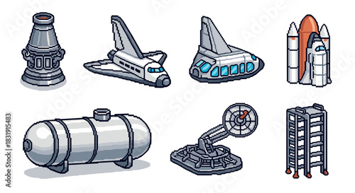 Pixel art set of space exploration equipment including a shuttle, rocket, fuel tank, and radar in a retro 8-bit video game style