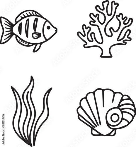 Four simple line art ocean life icons fish coral