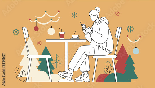 A young woman uses her phone while enjoying a warm drink in a festive winter setting