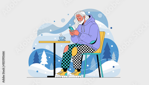 Stylish senior man texting on smartphone outdoors in a snowy modern cafe setting