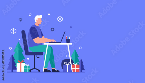 Man working remotely on a laptop during the winter holiday season with gifts and falling snow