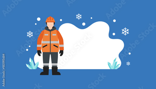 Vector illustration of worker in highvis gear standing in snow Winter job safety concept with copy space