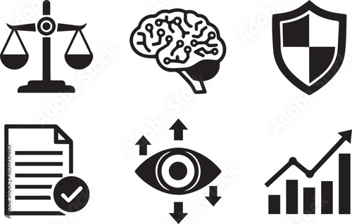 Icons representing law, technology, security, and data analysis