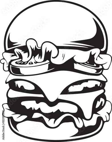 Bold black and white vector line art illustration of a delicious double cheeseburger with fresh toppings