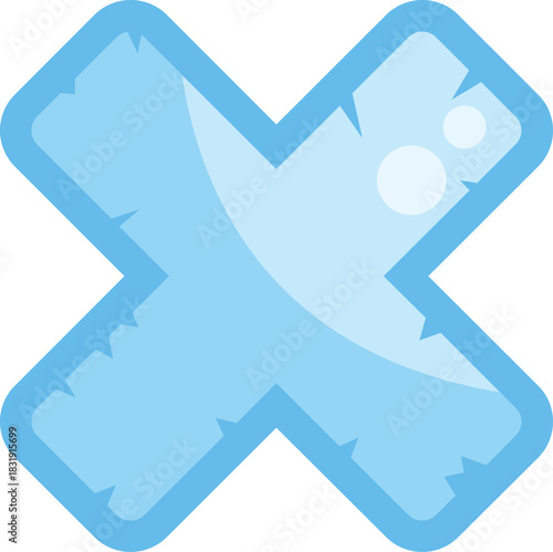 Cartoon x cross mark in sky blue color, depicting a cancel or delete symbol, isolated on white background