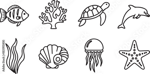 Set of eight simple line art ocean life icons fish