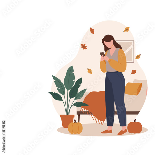 Woman using smartphone in a cozy autumnthemed living room Home life illustration