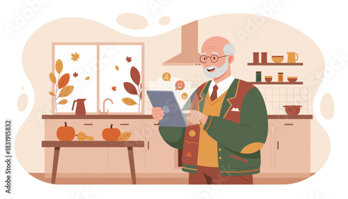 Senior man uses a tablet in a warm autumn kitchen connecting online