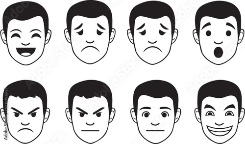 Set of Male Face Emoticons Expressing Different Emotions