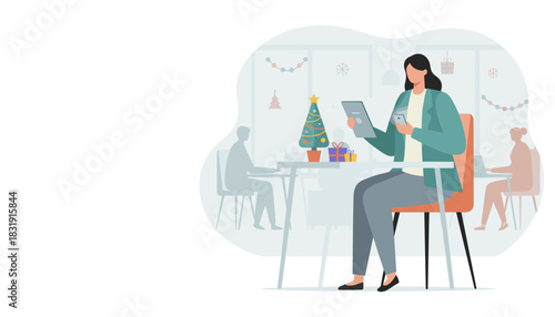 Businesswoman using digital devices in a festive holiday office or cafe setting