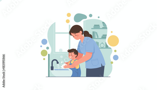 Woman helping little boy wash hands with soap teaching good hygiene habits