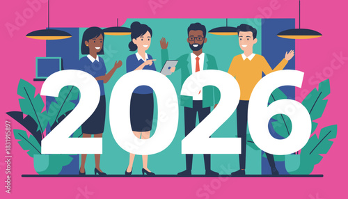 Diverse business team standing with large 2026 numbers symbolizing future planning and corporate success