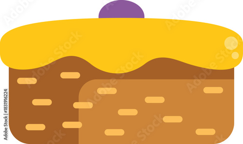 Sweet and tempting square cake with dripping yellow frosting and a single purple berry, perfect for satisfying a sweet tooth